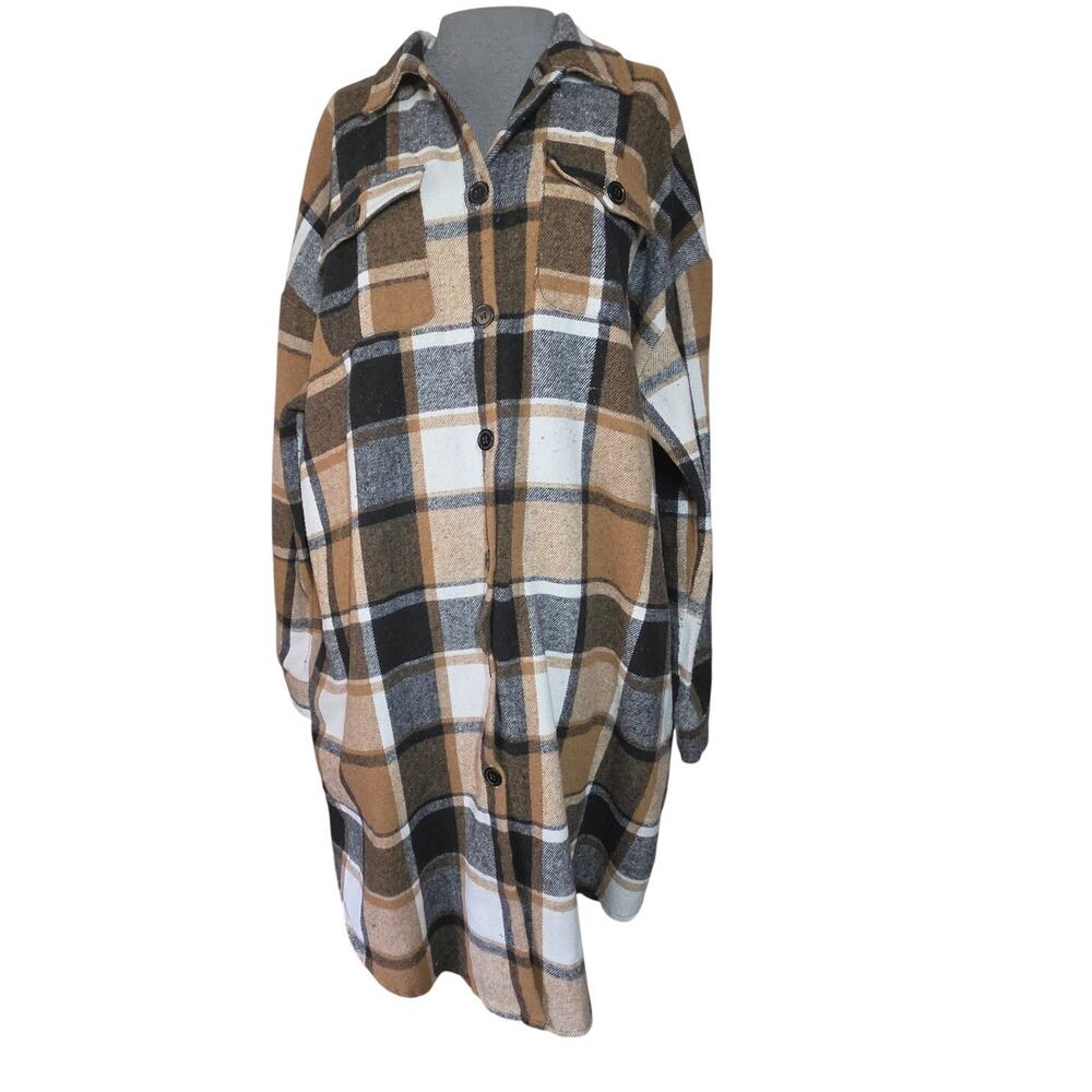 Brown Plaid Cotton Blend Shacket with Pockets Size 20